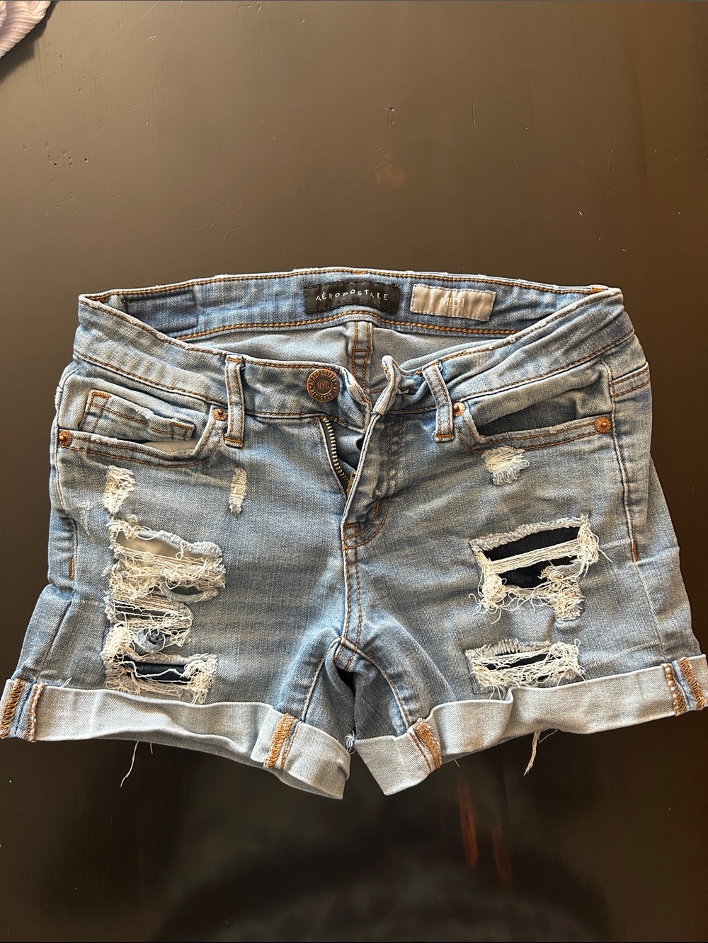 Aeropostale Light Wash Distressed Rolled Hem Jean Shorts